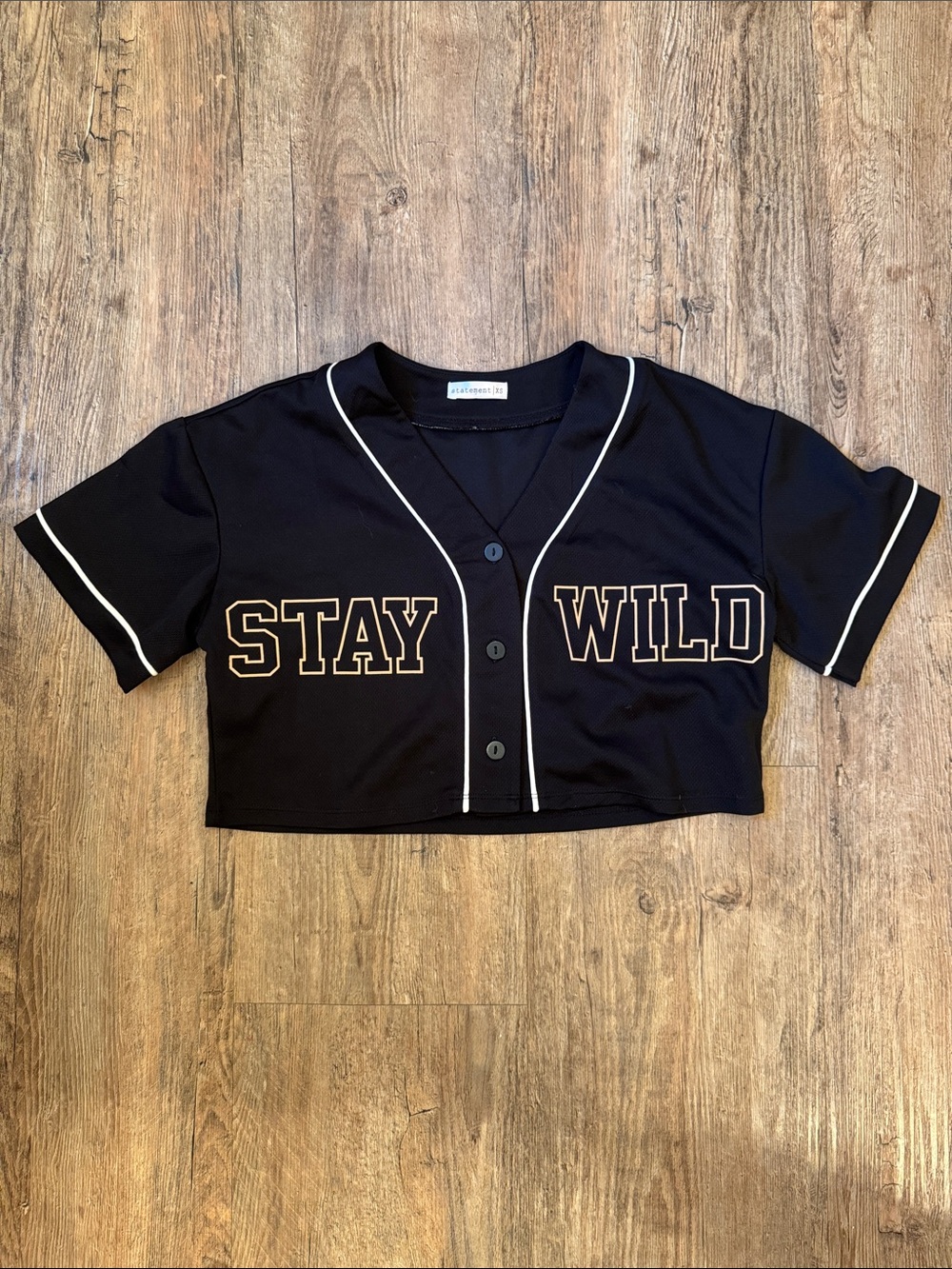 STATE Black Cropped Baseball Button-Front Top with White Piping